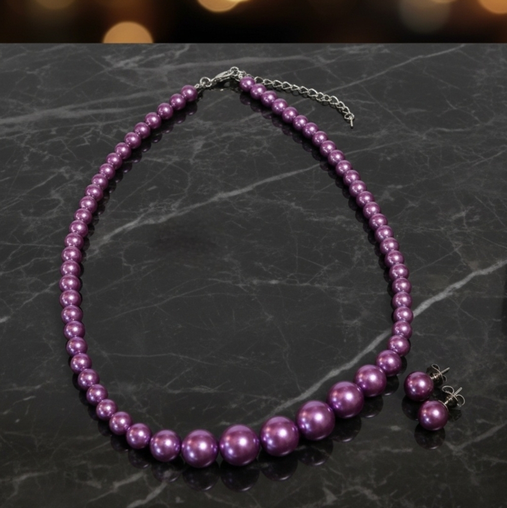 Set Of Simulated Purple Pearl Necklace 20-22" & Earrings Silvertone & SS